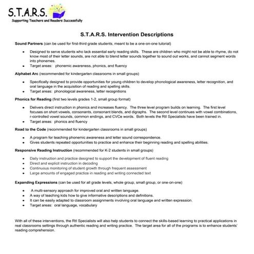 Stars intervention descriptions