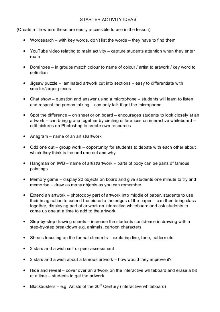 Starter Activity IdeasArt Secondary Education