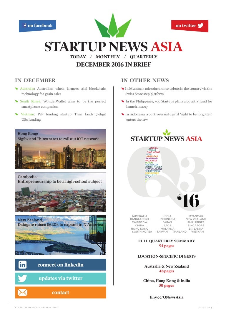 Startup news in Asia, December 2016 in brief