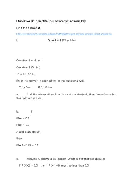 Stat200 week8 complete solutions correct answers key