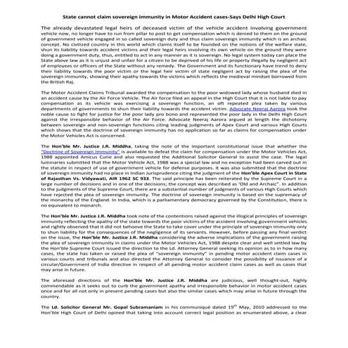 State cannot claim sovereign immunity in motor accident cases says delhi high court