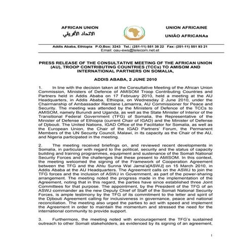 AFRICAN UNION (AU), TROOP CONTRIBUTING COUNTRIES (TCCs) TO AMISOM AND INTERNA...