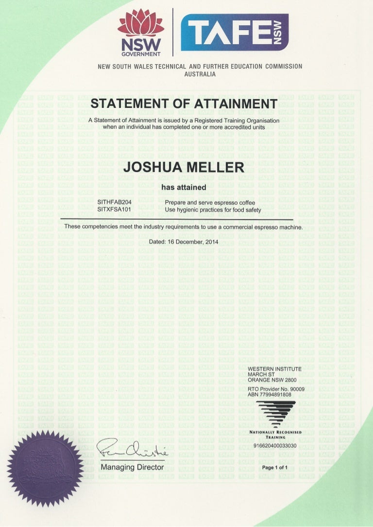 Statement Of Attainment Prepare And Serve Espresso Coffee Use Hygien 