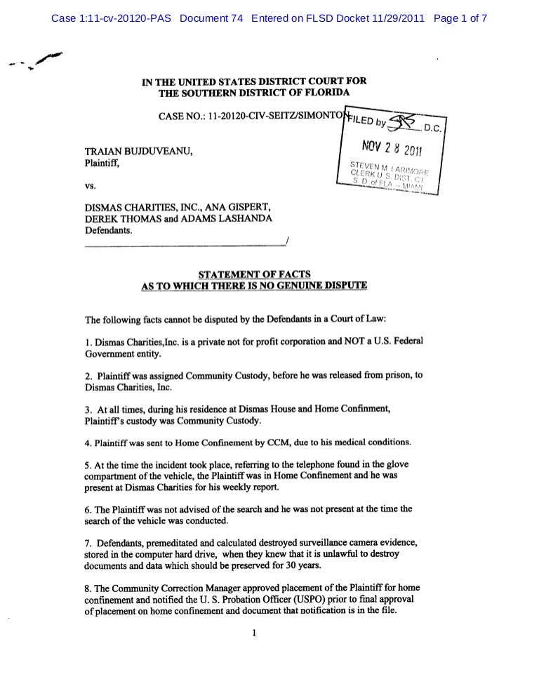 Statement of facts to which there is no genuine dispute