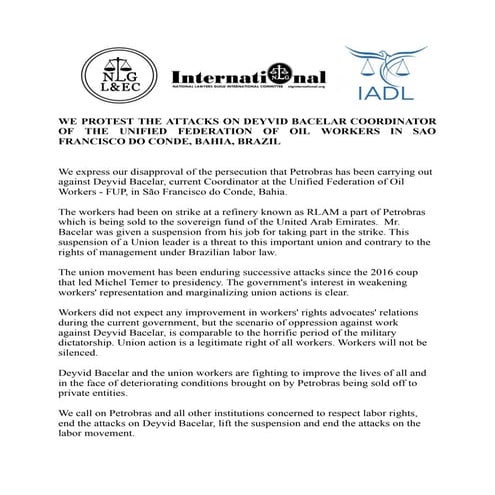 Statement on Deyvid Bacelar