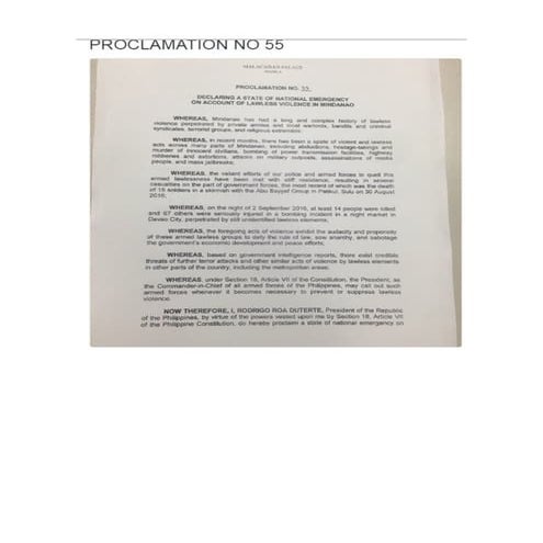 President Duterte's State of National Emergency = Proclamation no. 55 | PDF