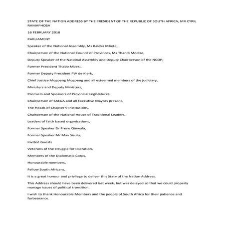 State of the nation address by the president of the republic of south africa