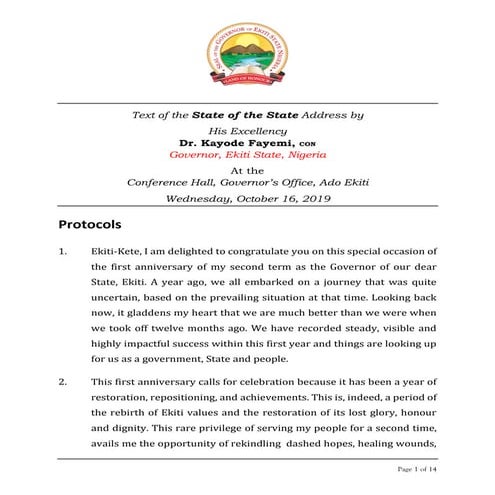 State of the State Address by His Excellency Dr. Kayode Fayemi, CON ...