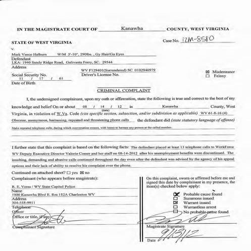 Criminal Complaint For Telephone Harassment - The State of WV v. Mark Vance H...