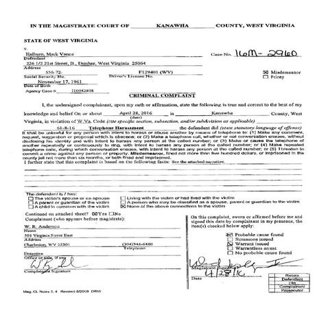 Criminal Complaint for Telephone Harassment. - State of West Virginia v Mark ...