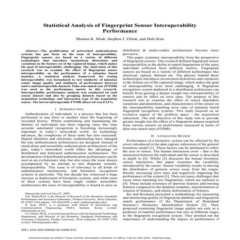 (2009) Statistical Analysis Of Fingerprint Sensor Interoperability