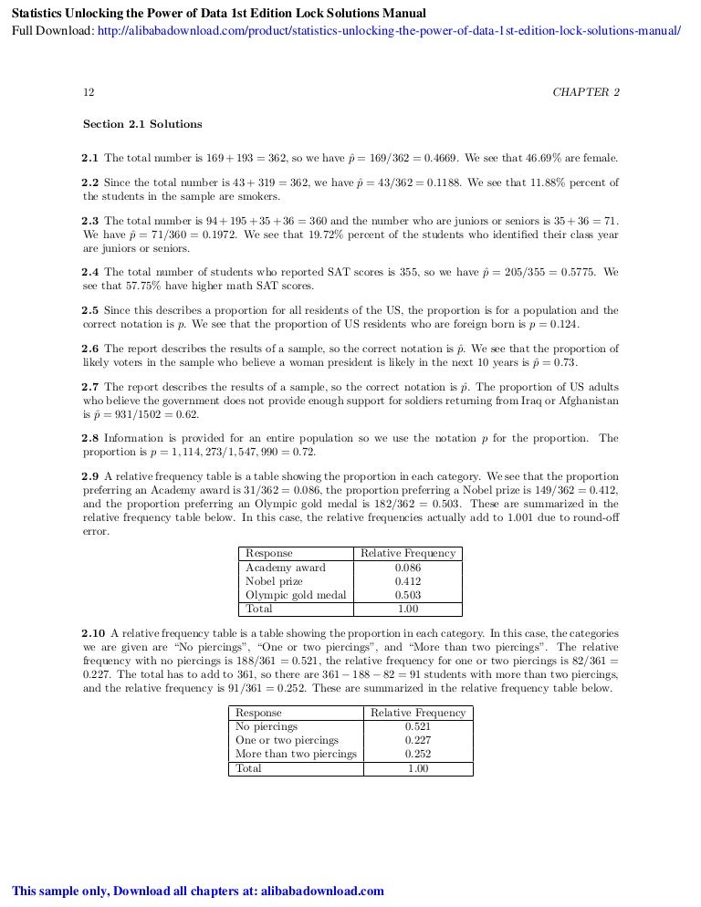 Statistics Unlocking The Power Of Data 1st Edition Lock Solutions Man