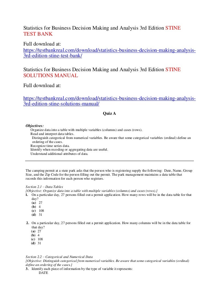 Statistics For Business Decision Making And Analysis 3rd Edition Stin