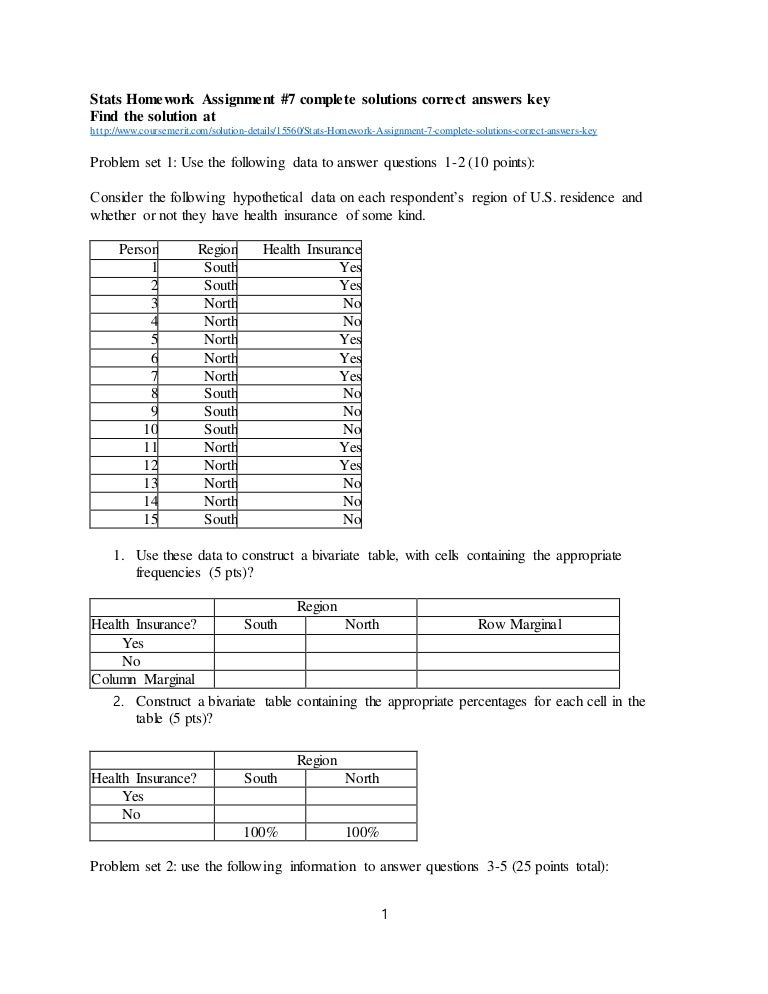 Stats homework assignment #7 complete solutions correct answers key