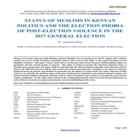 STATUS OF MUSLIMS IN KENYAN POLITICS AND THE ELECTION PHOBIA OF POST-ELECTION VIOLENCE IN THE 2017 GENERAL ELECTION