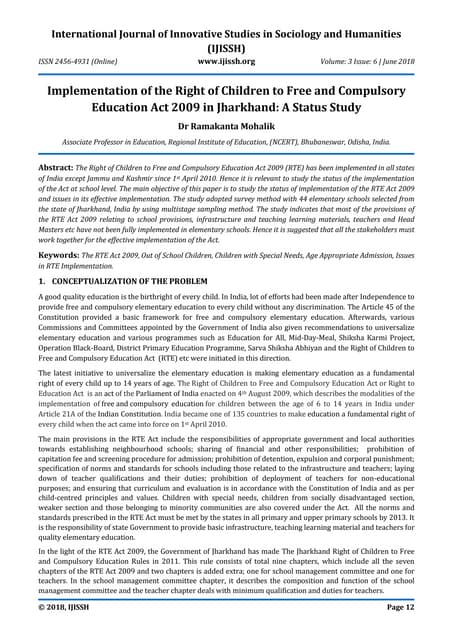 Status of the implementation of the rte act 2009 in jharkhand
