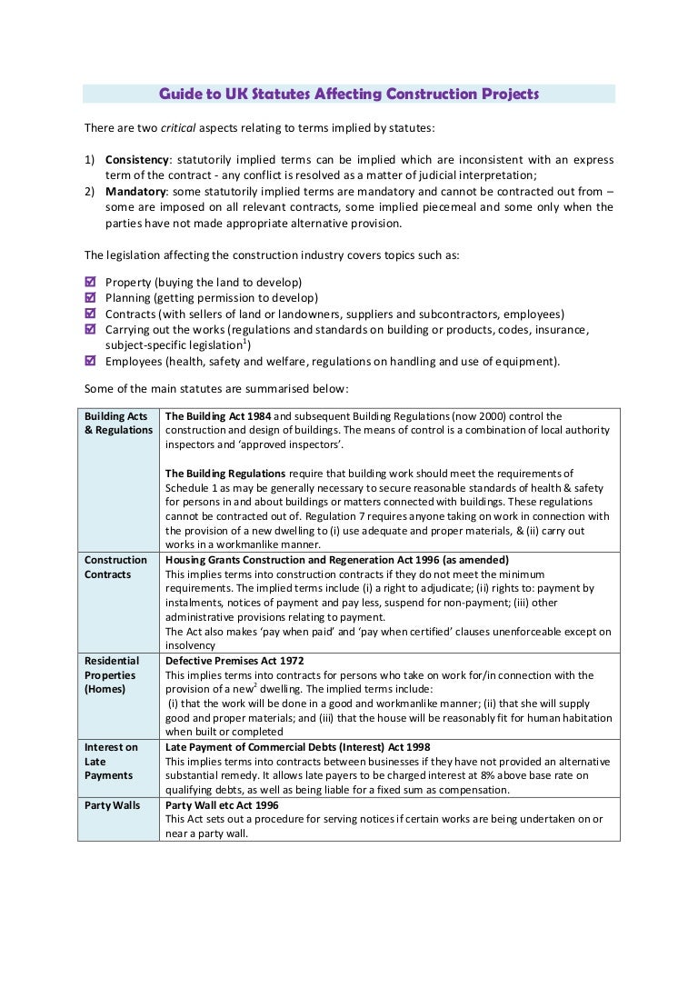 Summary of UK Construction Statutes