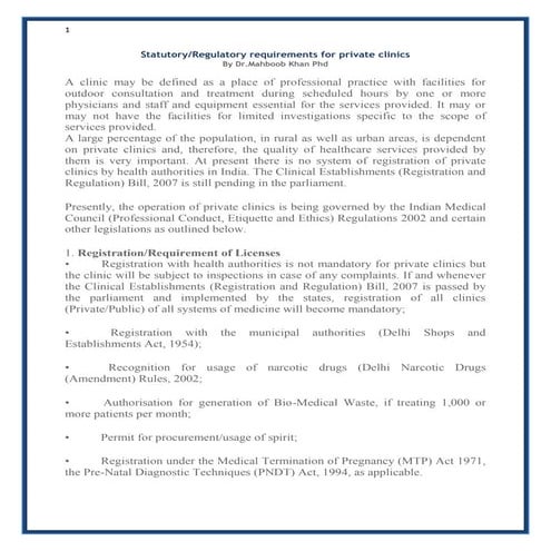 Statutory/Regulatory requirements for private clinics by Dr.Mahboob Khan Phd 