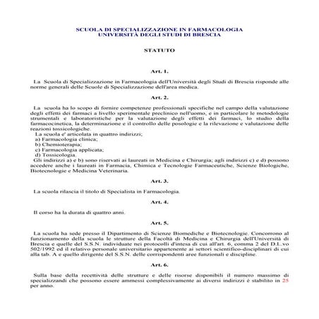 Statuto scuola specializzazione farmacologia uni. Brescia N.65