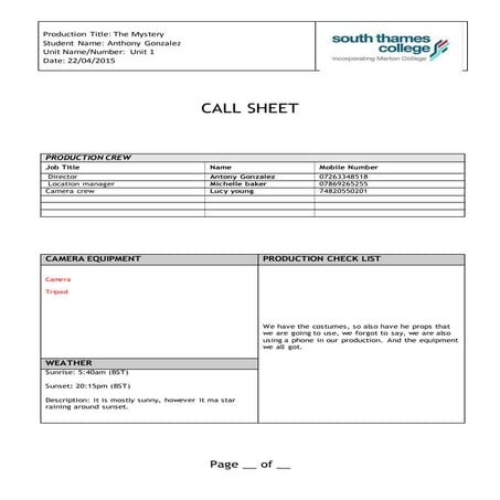 Stc call sheet