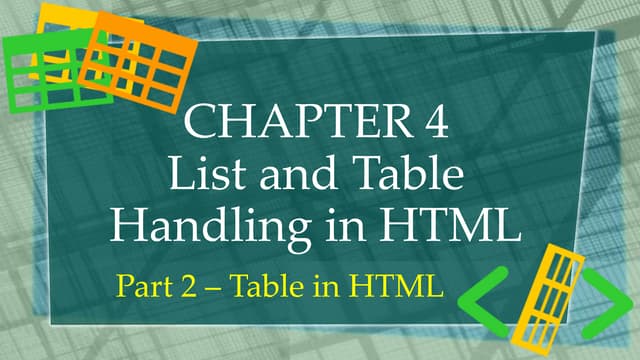 Std 10 Computer Chapter 4 List and Table Handling in HTML (Part 2 Table in HTML)