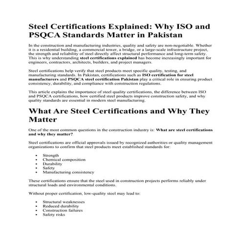 Steel Certifications in Pakistan: Importance of ISO & PSQCA Standards ...