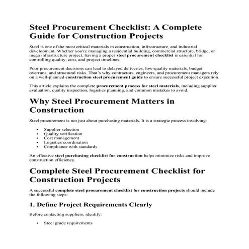 Comprehensive Steel Procurement Checklist for Construction Projects | DOCX