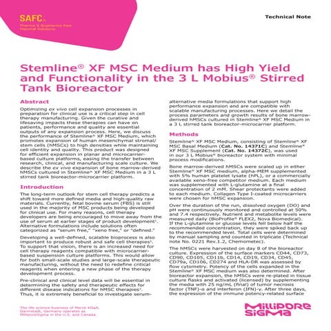Stemline® XF MSC Medium has High Yield and Functionality in the 3 L Mobius® Stirred Tank Bioreactor