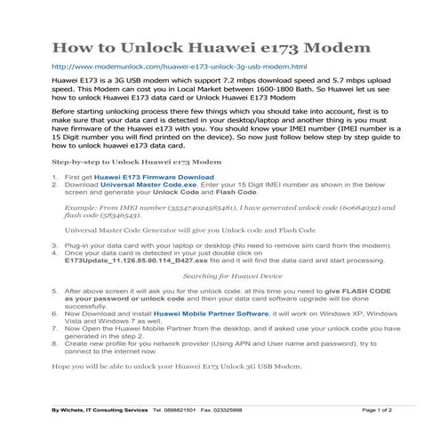 Step-by-step to unlock Huawei E173 Modem | DOCX