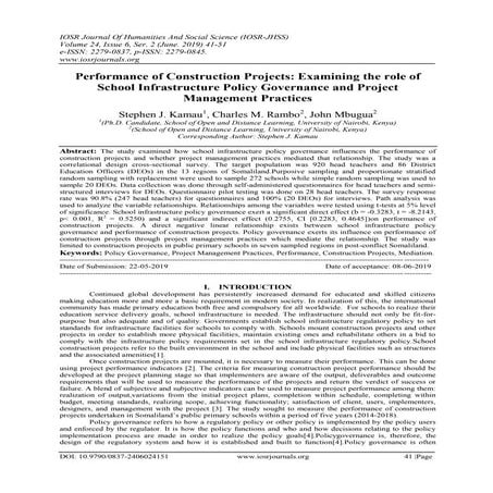 Stephen kamau, charles rambo, john mbugua   performanace of construction projects, policy governanace and project management practices