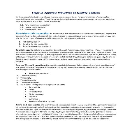 Steps in apparels industries to quality control