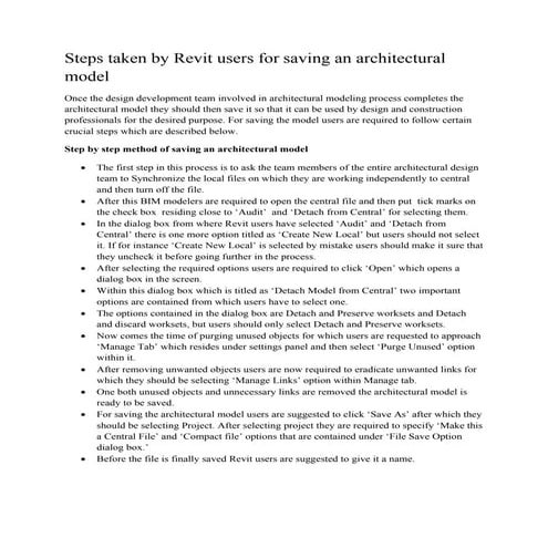Steps taken by revit users for saving an architectural model