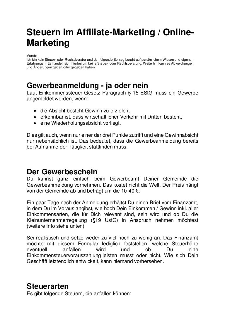 Steuern Im Affiliate Marketing Und Online Marketing
