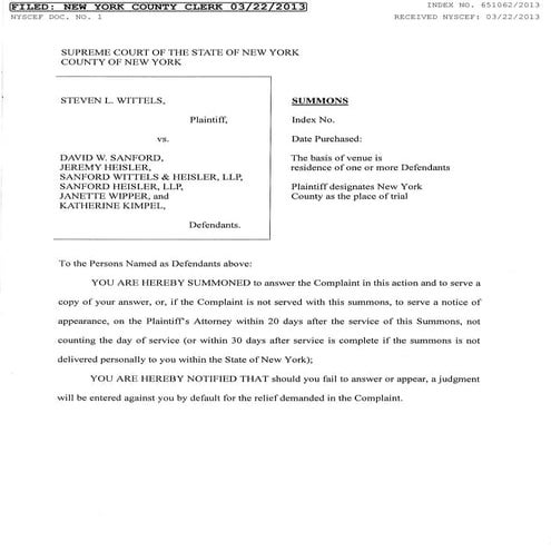 Steven Wittels v. David Sanford and Jeremy Heisler - Lawsuit complaint