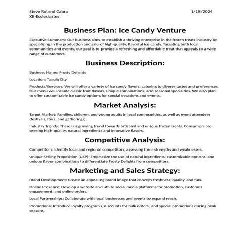 Business Plan: Ice Candy Venture by Steve Roland Cabra