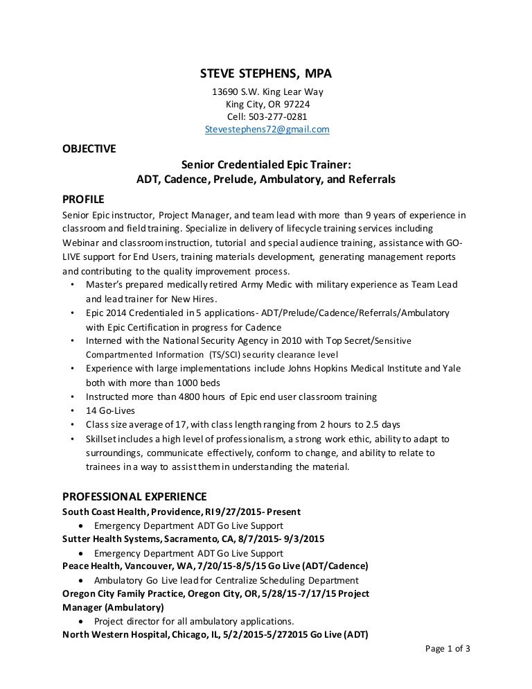 Steve Stephens Epic Go Live And Credentialed Trainer Resume