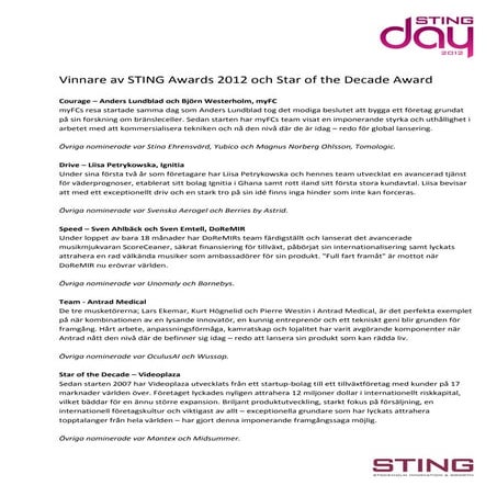 STING Awards 2012 - alla nomineringar
