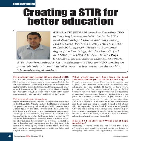 Stir Education in Advanc'edge October 2012