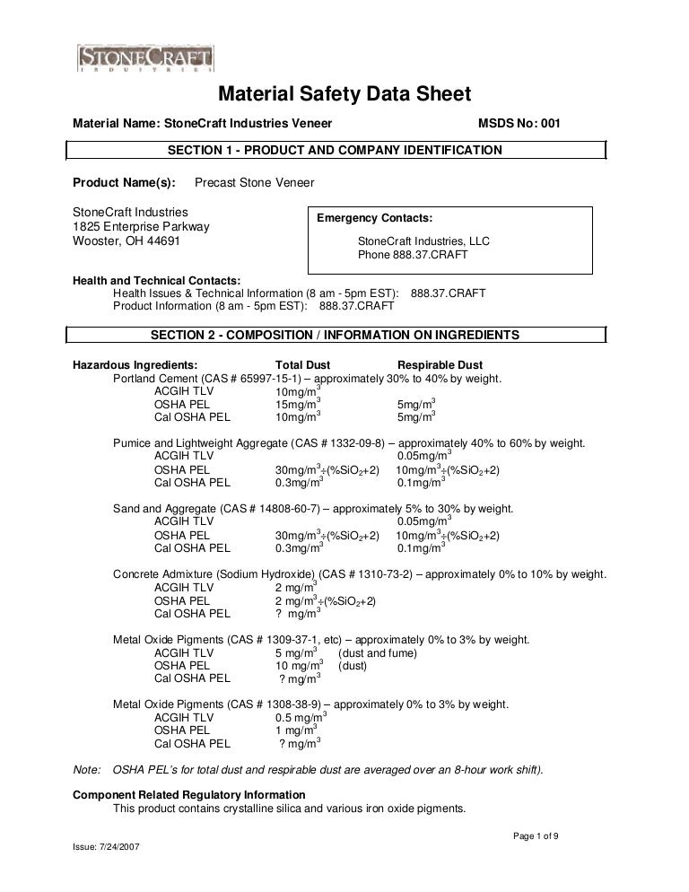 Stone craft Material Safety Data Sheet