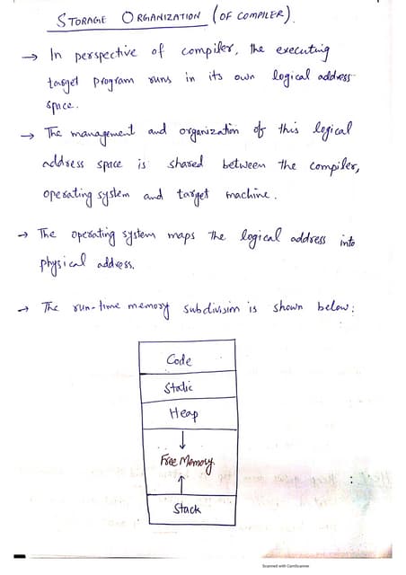 Storage organization and stack allocation of space