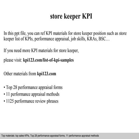 Store keeper kpi