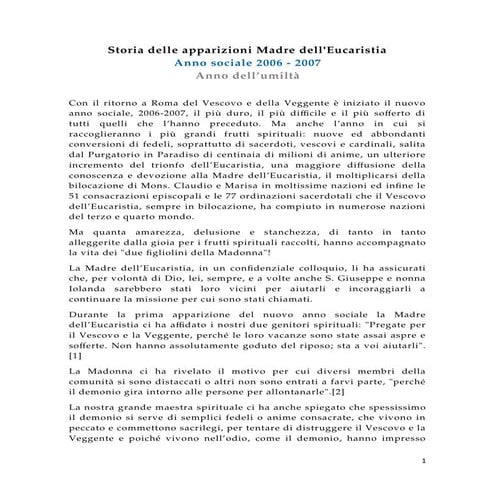 Storia delle apparizioni Madre dell'Eucaristia, Anno 2006 - Anno dell'umiltà