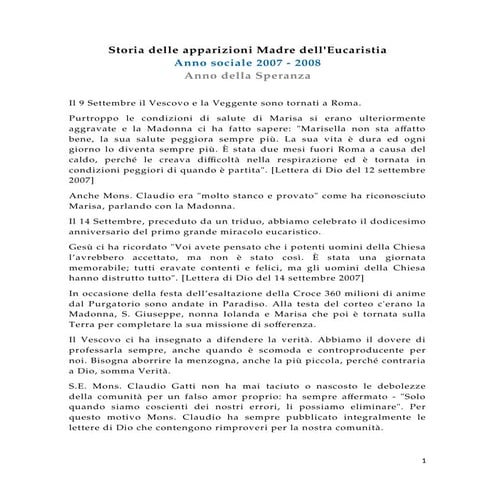 Storia delle apparizioni Madre dell'Eucaristia, Anno 2007 - Anno della speranza