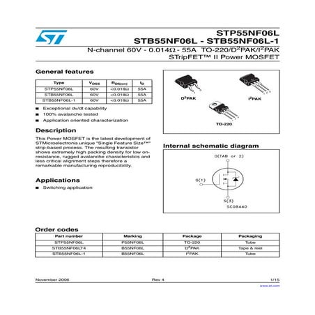 Original N-Channel Mosfet STP55NF06LFP STB55NF06L-1 B55NF06L 60V 55A TO ...