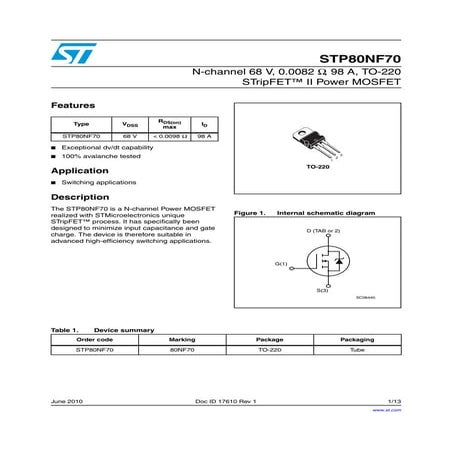 Original MOSFET N-CHANNEL STP80NF70 80NF70 80N70 80A 70V New | PDF
