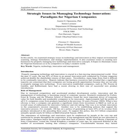 Strategic issues in managing technology innovation paradigms