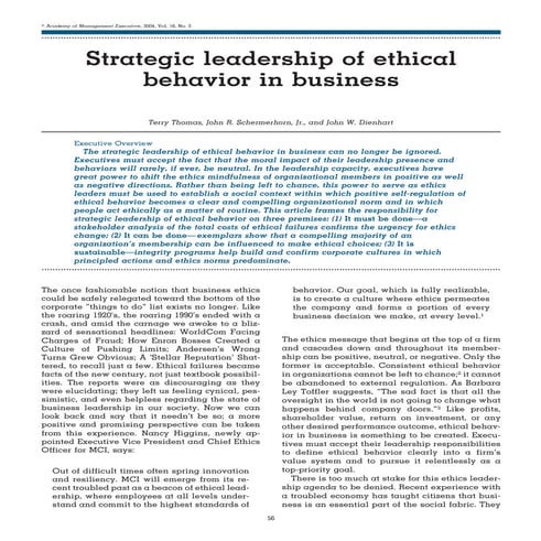 Strategic leadership of ethical behavior in business