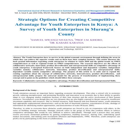 Strategic Options for Creating Competitive Advantage for Youth Enterprises in...