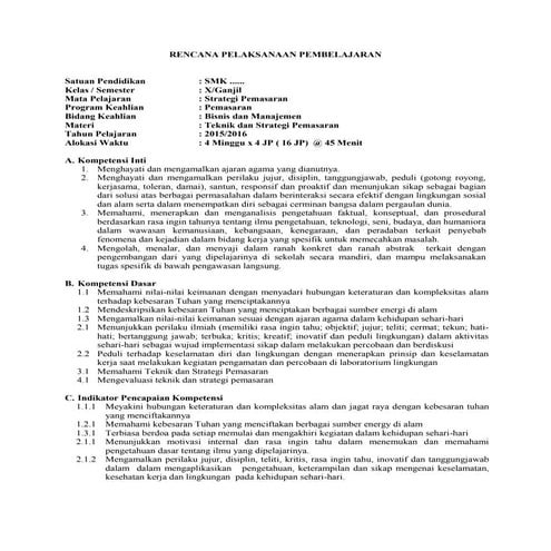 RPP SMK Strategi Pemasaran Kelas X | PDF