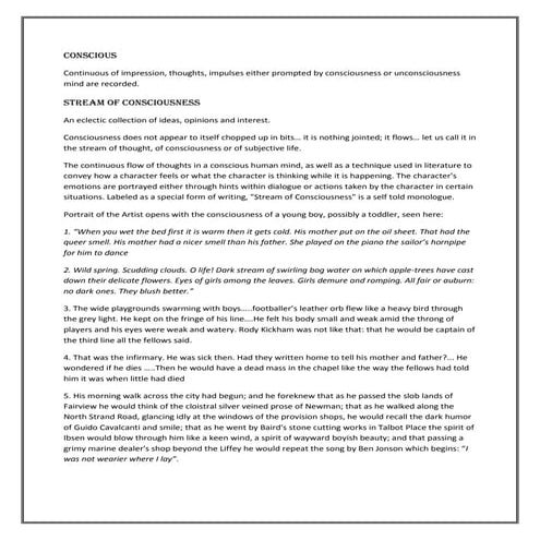 Stream of Conscious in James Joyce novel:   PORTRAIT OF ARTIST AS YOUNG MAN S...